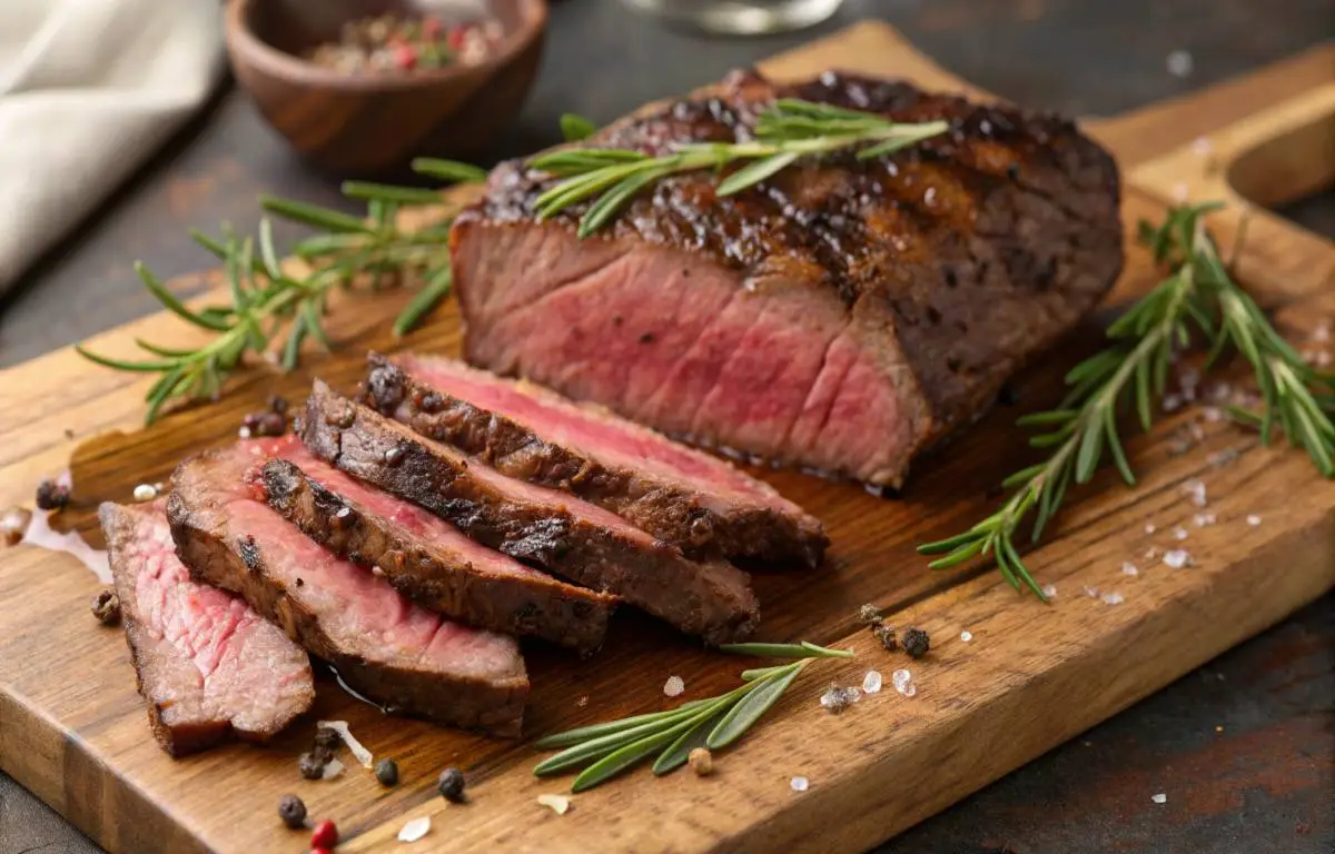 Beef flap meat steak sliced and ready to serve