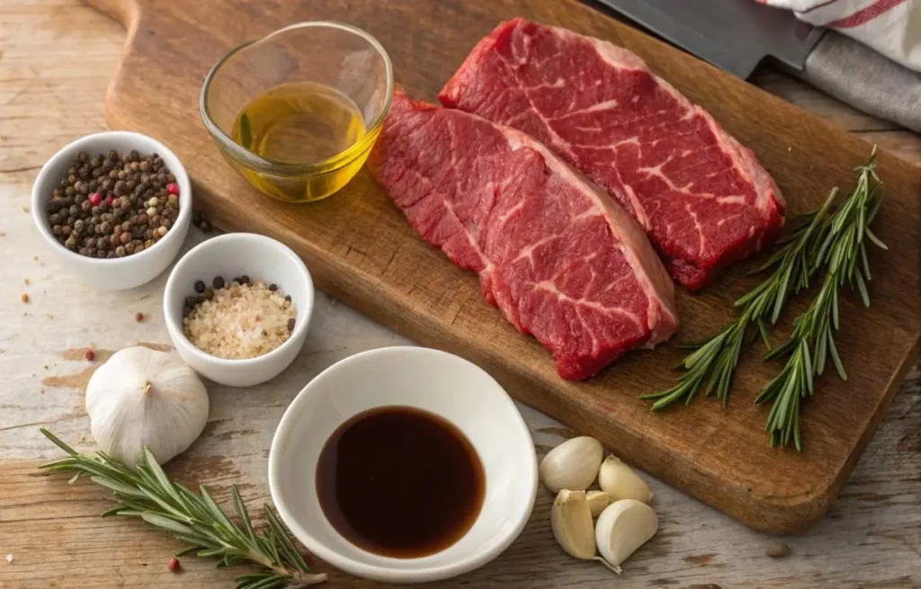 Beef flap meat steak ingredients with marinade components	