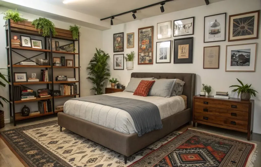 Minimalist mens bedroom decor ideas with low platform bed