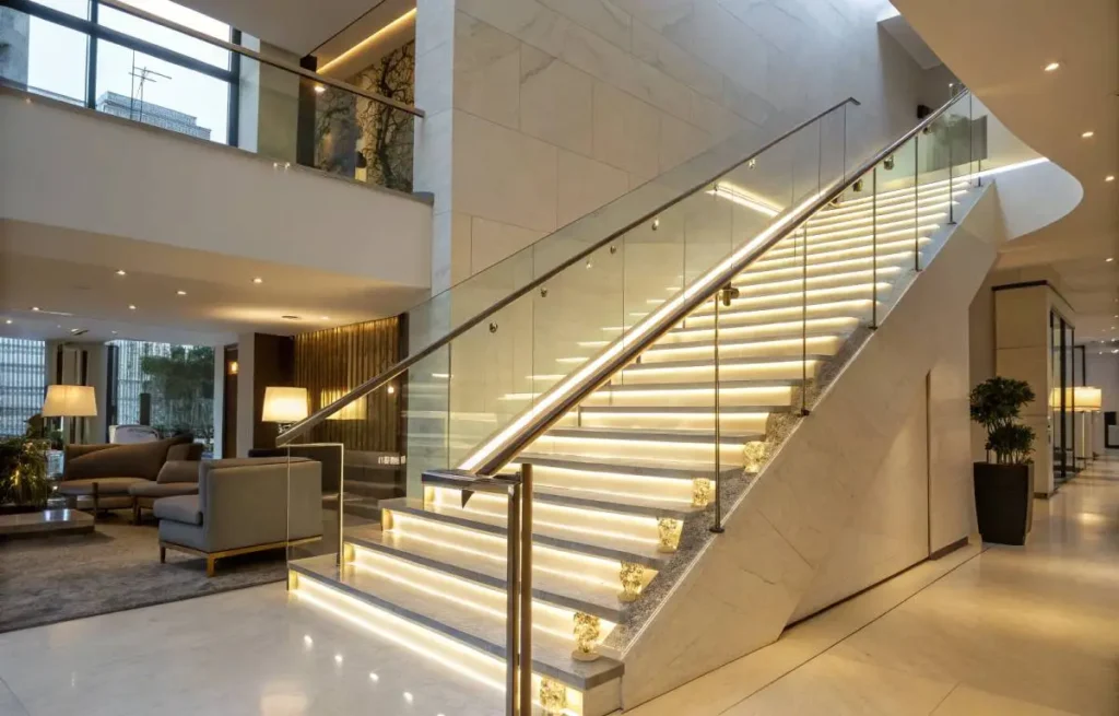 Illuminated contemporary stair handrail in modern home