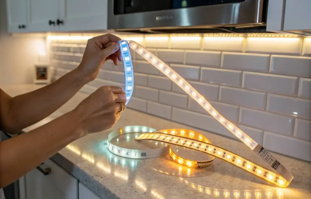 LED Strip Lights for Kitchen Cabinets showing warm and cool lighting options
