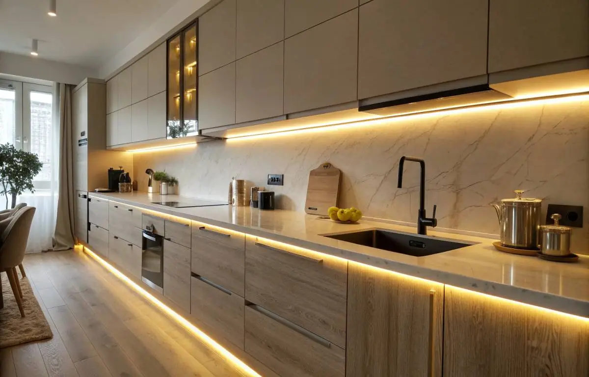 LED Strip Lights for Kitchen Cabinets casting a warm, inviting light on kitchen counters